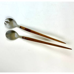 Mid Century Modern Teak Wood Handle Salad Servers Fork And Spoon Set Stainless